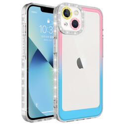 Apple iPhone 13 Kılıf Simli ve Renk Geçiş Tasarımlı Lens Korumalı Zore Park Kapak Pembe-Mavi