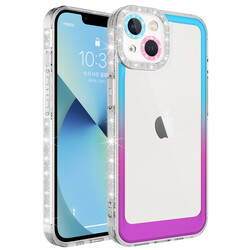 Apple iPhone 13 Kılıf Simli ve Renk Geçiş Tasarımlı Lens Korumalı Zore Park Kapak Mavi-Mor