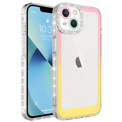 Apple iPhone 13 Kılıf Simli ve Renk Geçiş Tasarımlı Lens Korumalı Zore Park Kapak Pembe-Sarı