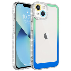 Apple iPhone 13 Kılıf Simli ve Renk Geçiş Tasarımlı Lens Korumalı Zore Park Kapak Yeşil-Mavi