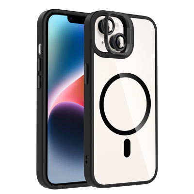 Apple iPhone 13 Kılıf Standlı ve Kamera Lens Hediyeli M-Safe Şarj Özellikli Zore Etro Kapak Siyah