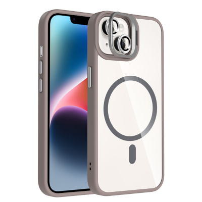 Apple iPhone 13 Kılıf Standlı ve Kamera Lens Hediyeli M-Safe Şarj Özellikli Zore Etro Kapak Gri