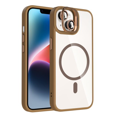 Apple iPhone 13 Kılıf Standlı ve Kamera Lens Hediyeli M-Safe Şarj Özellikli Zore Etro Kapak Desert Titanyum