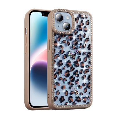 Apple iPhone 13 Kılıf Taşlı ve Simli Tasarım Zore Azra Kapak Gold