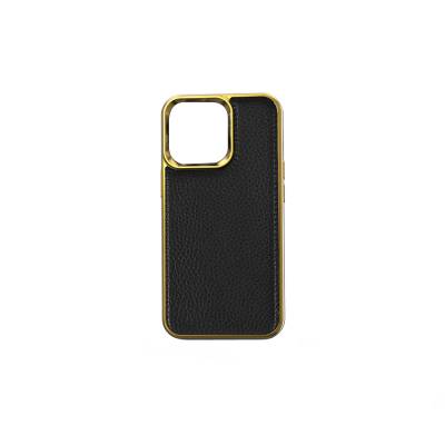 Apple iPhone 13 Kılıf Wiwu Genuine Leather Gold Calfskin Orjinal Deri Kapak Siyah
