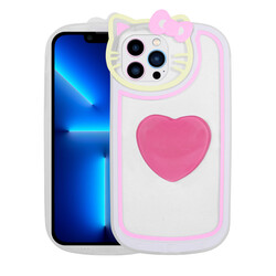 Apple iPhone 13 Pro Case Cat Figured Transparent Pop Socket Zore Rhythmic Cover Dark Pink