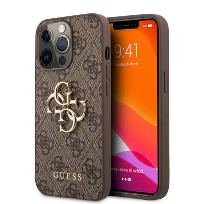 Apple iPhone 13 Pro Case Guess Original Licensed PU Leather 4G Patterned Metal Cover with Large 4G and Text Logo Brown