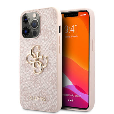 Apple iPhone 13 Pro Case Guess Original Licensed PU Leather 4G Patterned Metal Cover with Large 4G and Text Logo Pink