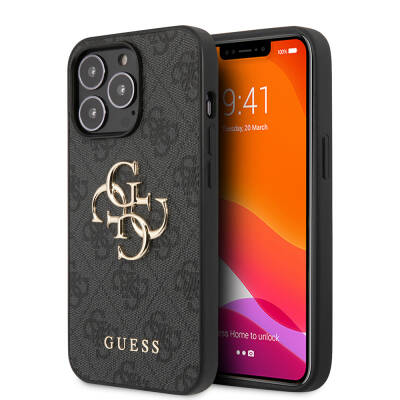 Apple iPhone 13 Pro Case Guess Original Licensed PU Leather 4G Patterned Metal Cover with Large 4G and Text Logo Grey