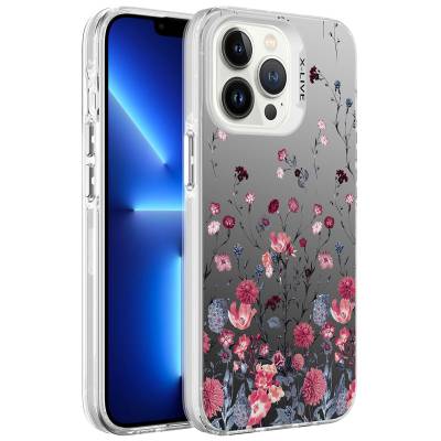 Apple iPhone 13 Pro Case Patterned Zore Silver Hard Cover Çiçek