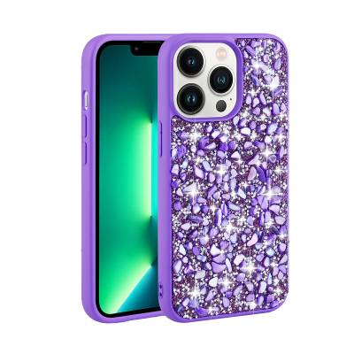 Apple iPhone 13 Pro Case Shiny Stone Design Zore Linea Cover Purple