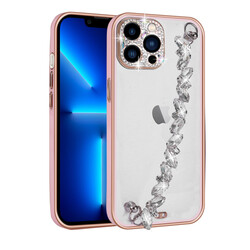 Apple iPhone 13 Pro Case Stone Decorated Camera Protected Zore Blazer Cover With Hand Grip Pink