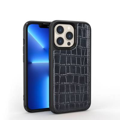 Apple iPhone 13 Pro Case Wiwu Croco Pattern Calfskin Original Leather Cover Black