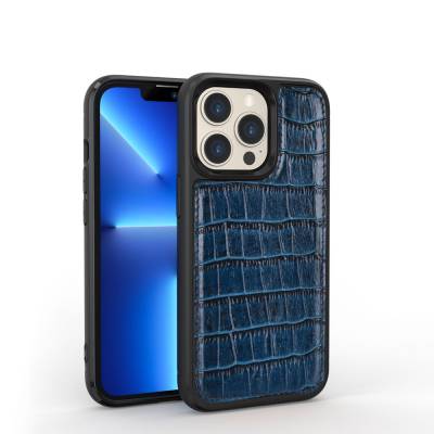 Apple iPhone 13 Pro Case Wiwu Croco Pattern Calfskin Original Leather Cover Blue