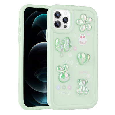 Apple iPhone 13 Pro Kılıf Kabartma Figürlü Parlak Zore Toys Silikon Kapak Açık Yeşil