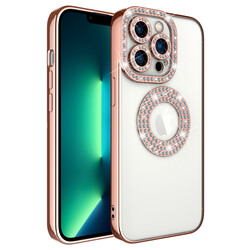 Apple iPhone 13 Pro Kılıf Kamera Korumalı Taş Süslemeli Arkası Şeffaf Zore Asya Kapak Rose Gold