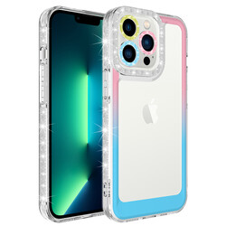 Apple iPhone 13 Pro Kılıf Simli ve Renk Geçiş Tasarımlı Lens Korumalı Zore Park Kapak Pembe-Mavi