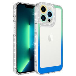 Apple iPhone 13 Pro Kılıf Simli ve Renk Geçiş Tasarımlı Lens Korumalı Zore Park Kapak Yeşil-Mavi