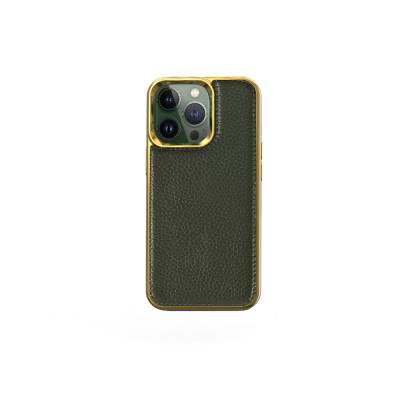 Apple iPhone 13 Pro Kılıf Wiwu Genuine Leather Gold Calfskin Orjinal Deri Kapak Yeşil