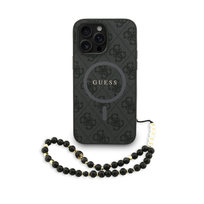 Apple iPhone 13 Pro Max Case Guess Original Licensed M-safe Charging Feature PU Leather Wrist Strap Rope Cover Text Logo Black