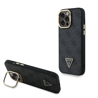 Apple iPhone 13 Pro Max Case Guess Original Licensed PU Leather Stone Triangle Logo 4G Patterned Camera Stand Cover Black
