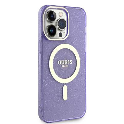 Apple iPhone 13 Pro Max Kılıf GUESS Magsafe Şarj Özellikli Glitter Kapak Mor