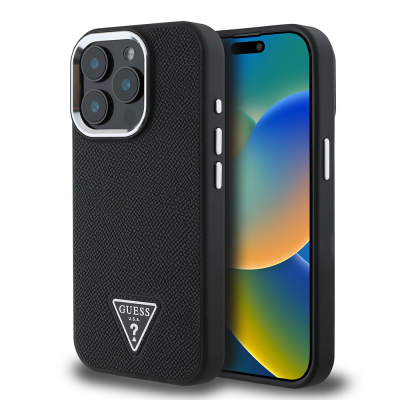 Apple iPhone 13 Pro Max Kılıf Guess Orjinal Lisanslı M-safe Şarj Özellikli Grained Triangle Kapak Siyah
