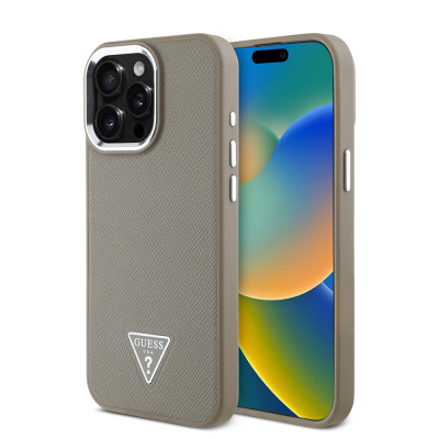 Apple iPhone 13 Pro Max Kılıf Guess Orjinal Lisanslı M-safe Şarj Özellikli Grained Triangle Kapak Kahverengi