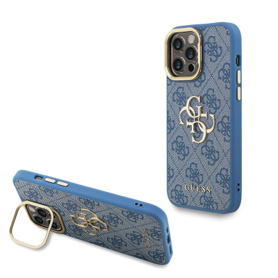 Apple iPhone 13 Pro Max Kılıf Guess Orjinal Lisanslı PU Deri 4G Desenli Metal Büyük 4G ve Yazı Logolu Kamera Standlı Kapak Mavi