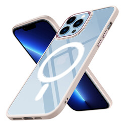 Apple iPhone 13 Pro Max Kılıf Wireless Şarj Özellikli Zore Krom Magsafe Silikon Kapak Pembe Açık
