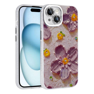 Apple iPhone 14 Case Flower Patterned Shiny Stone Hard Silicone Zore Garden Cover Purple