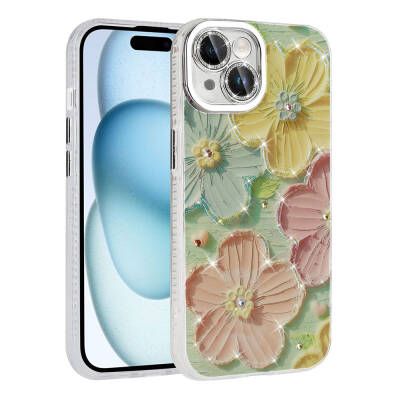 Apple iPhone 14 Case Flower Patterned Shiny Stone Hard Silicone Zore Garden Cover Colorful