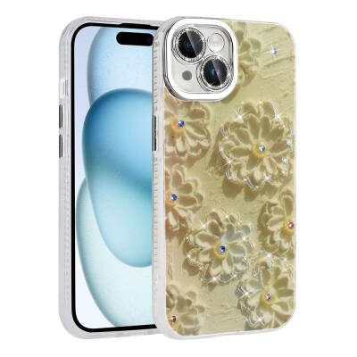 Apple iPhone 14 Case Flower Patterned Shiny Stone Hard Silicone Zore Garden Cover White