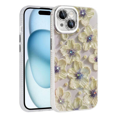 Apple iPhone 14 Case Flower Patterned Shiny Stone Hard Silicone Zore Garden Cover Blue