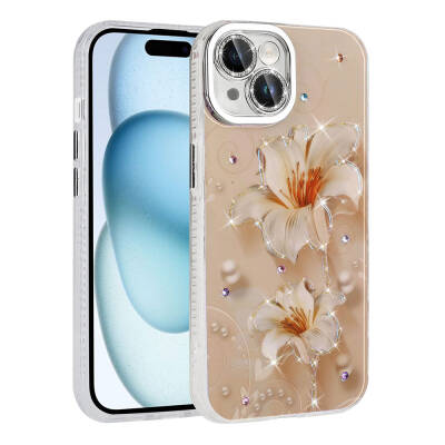 Apple iPhone 14 Case Flower Patterned Shiny Stone Hard Silicone Zore Garden Cover Light Pink