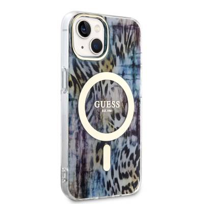 Apple iPhone 14 Case GUESS Magsafe Charging Capable Leopard Pattern Cover Blue