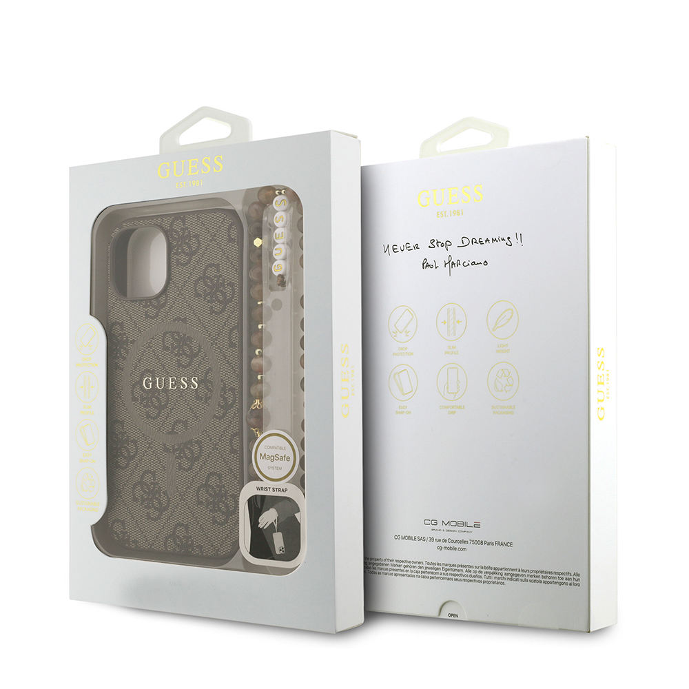 Apple iPhone 14 Case Guess Original Licensed M-safe Charging Feature PU Leather Wrist Strap Rope Cover Text Logo - 9