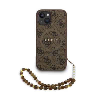 Apple iPhone 14 Case Guess Original Licensed M-safe Charging Feature PU Leather Wrist Strap Rope Cover Text Logo Brown