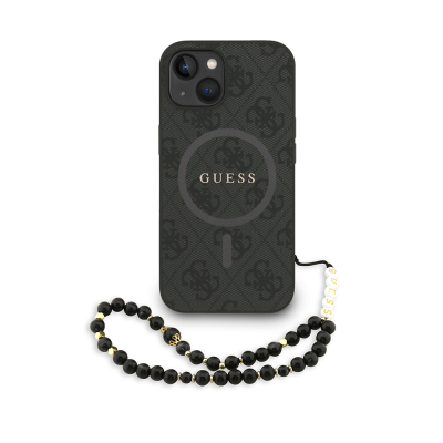 Apple iPhone 14 Case Guess Original Licensed M-safe Charging Feature PU Leather Wrist Strap Rope Cover Text Logo Black
