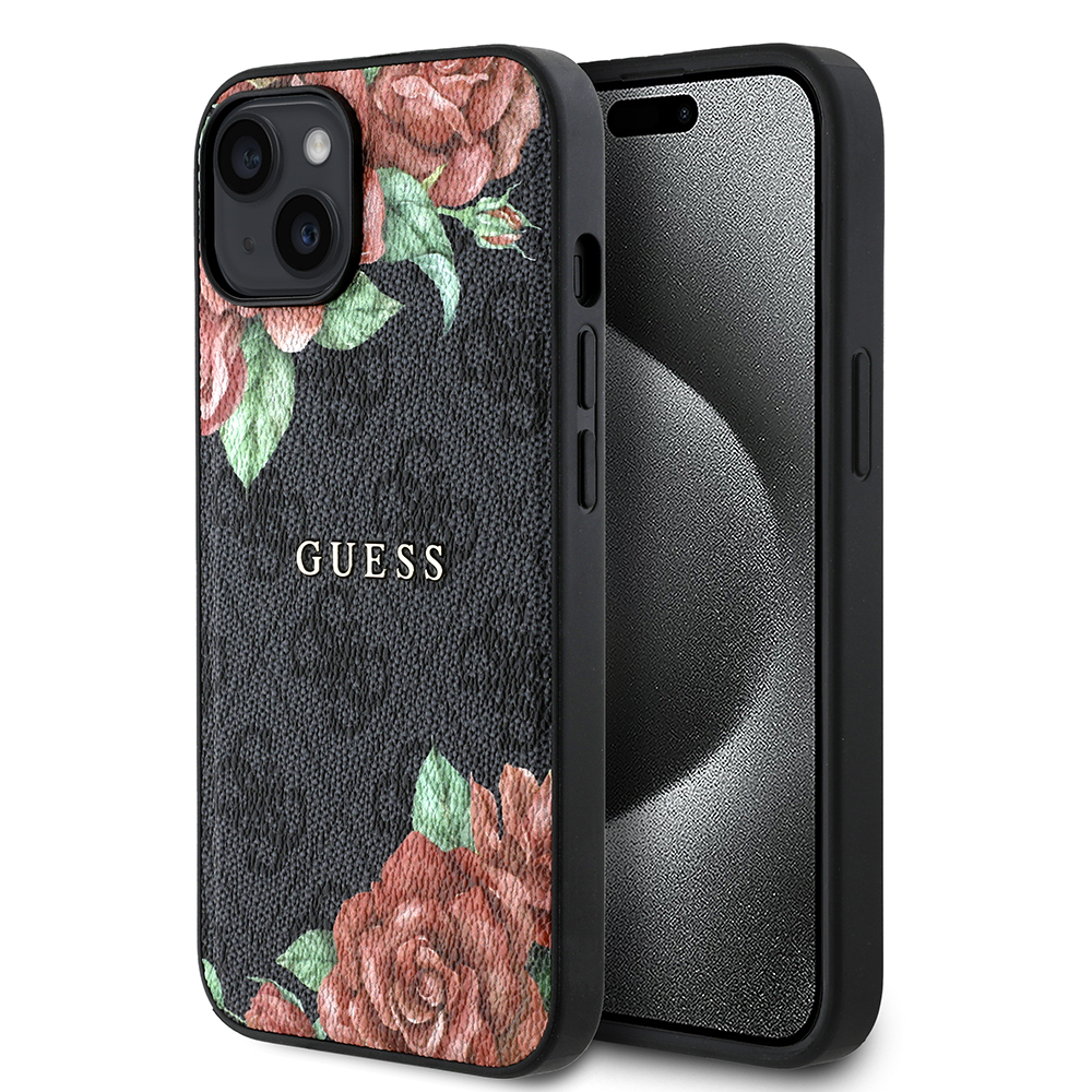 Apple iPhone 14 Case Guess Original Licensed Magsafe Charging Feature Rose Printed 4G Patterned Text Logo Cover - 10