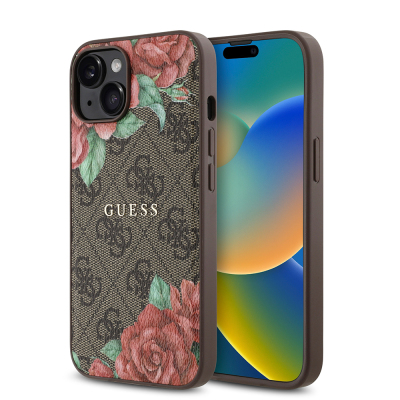 Apple iPhone 14 Case Guess Original Licensed Magsafe Charging Feature Rose Printed 4G Patterned Text Logo Cover Brown