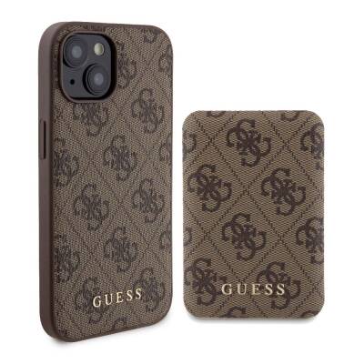 Apple iPhone 14 Case Guess Original Licensed Magsafe Charging Feature Text Logo and 4G Patterned Cover + Powerbank 5000mAh 2in1 Set Brown