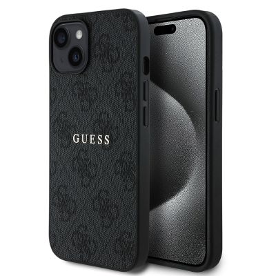 Apple iPhone 14 Case Guess Original Licensed Magsafe Charging Featured 4G Pattern Text Logo Cover Black