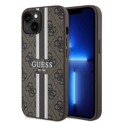 Apple iPhone 14 Case Guess Original Licensed Magsafe Charging Featured 4G Strip Design Printed Cover Brown