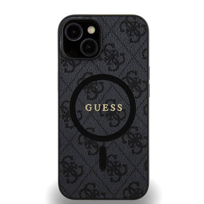 Apple iPhone 14 Case Guess Original Licensed Magsafe Charging Featured PU Ring 4G Patterned Text Logo Cover Black