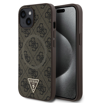 Apple iPhone 14 Case Guess Original Licensed Magsafe Charging Featured PU Triangle Logo 4G Patterned Cover Brown