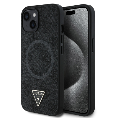 Apple iPhone 14 Case Guess Original Licensed Magsafe Charging Featured PU Triangle Logo 4G Patterned Cover Black