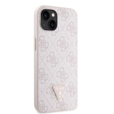 Apple iPhone 14 Case Guess Original Licensed PU Leather Stoned Triangle Logo 4G Patterned Cover Pink