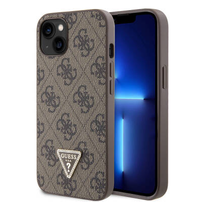 Apple iPhone 14 Case Guess Original Licensed PU Leather Stoned Triangle Logo 4G Patterned Cover Brown