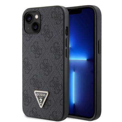 Apple iPhone 14 Case Guess Original Licensed PU Leather Stoned Triangle Logo 4G Patterned Cover Black